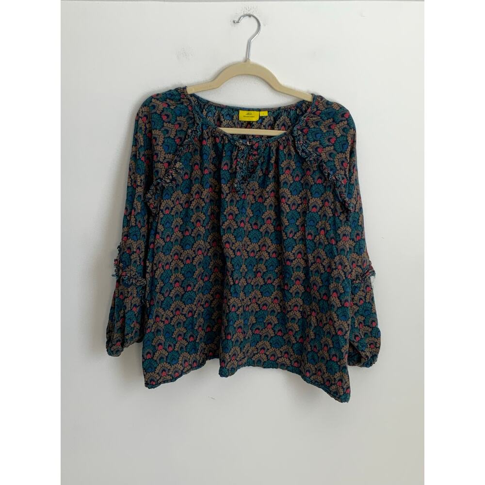Roller Rabbit Women's button Keyhole Shirt Top Size Large Peasant Sleeve Ruffles